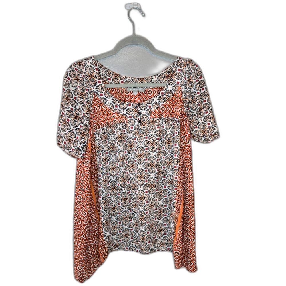 NY Collection Women's Orange and White Boho Shosrt Sleeve Blouse Size Medium